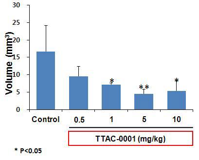 U87-MG 뇌종양 정위이식 모델에서의 TTAC-0001에 의한 용량 의존적 종양 억제 효과