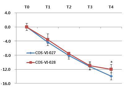 COS-VI-027, COS-VI-028을 처리한 조직의 명도값 변화(±S.D. *p<0.05)