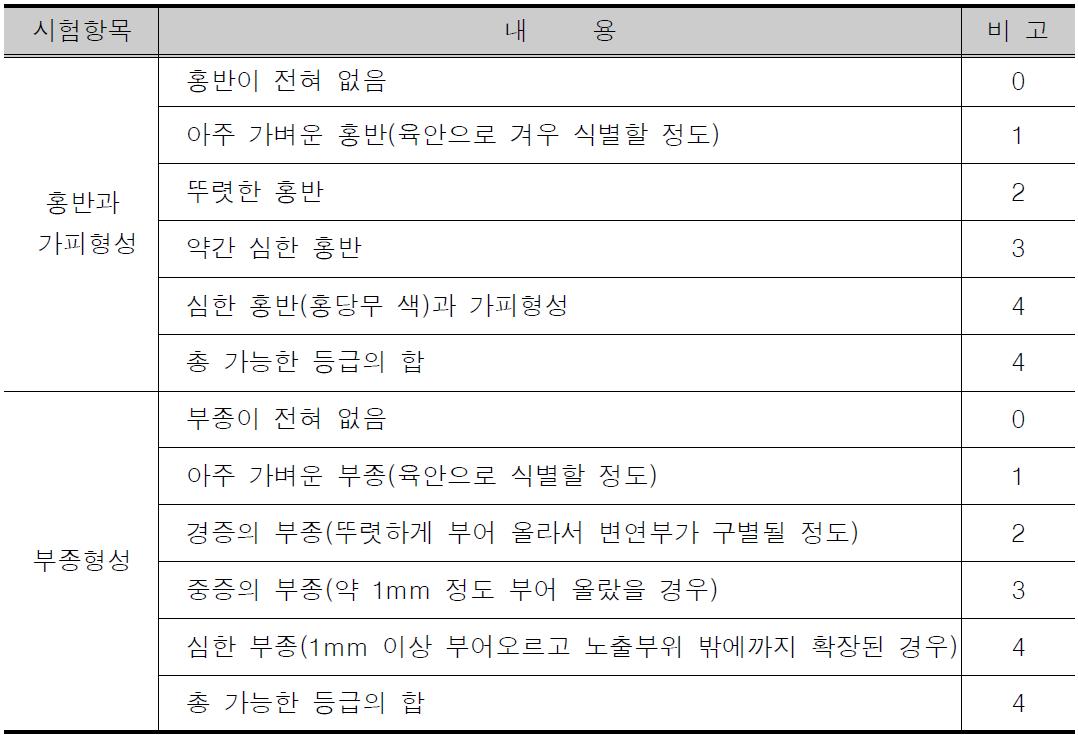 피부반응의 평가표