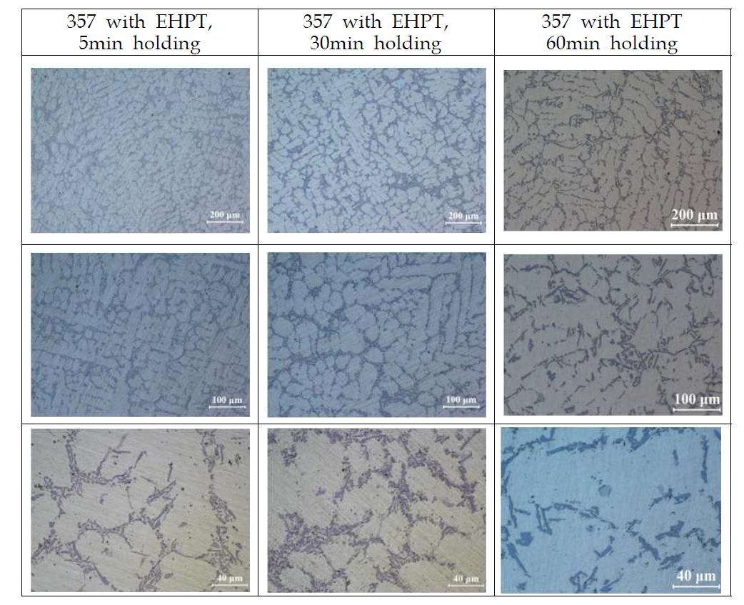357-0.1%Fe합금 gravity 주조에서 EHPT처리후 유지시간에 따른 미세조직