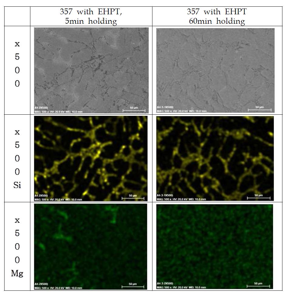 357-0.1%Fe합금 gravity주조에서 EHPT처리에 따른 SEM조직