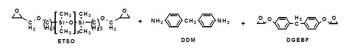 Epoxy terminated siloxane oligomer(ETSO), diaminodiphenylmethane(DDM) 및 Bisphenol F계 epoxy (DGEBF)의 분자구조