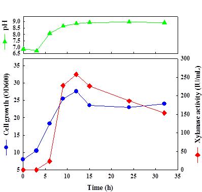 Production of a xylanase(XylC) from Paenibacillus sp. HY-22 Medium composition : 2.0%(w/v) wheat bran, 0.9%(w/v) yeast extract, 0.9(w/v) bacto peptone, 0.2%(w/v) potassium nitrate, 0.1%(w/v) potassium dihydronphosphate, 0.01%(w/v) magnesium sulfate