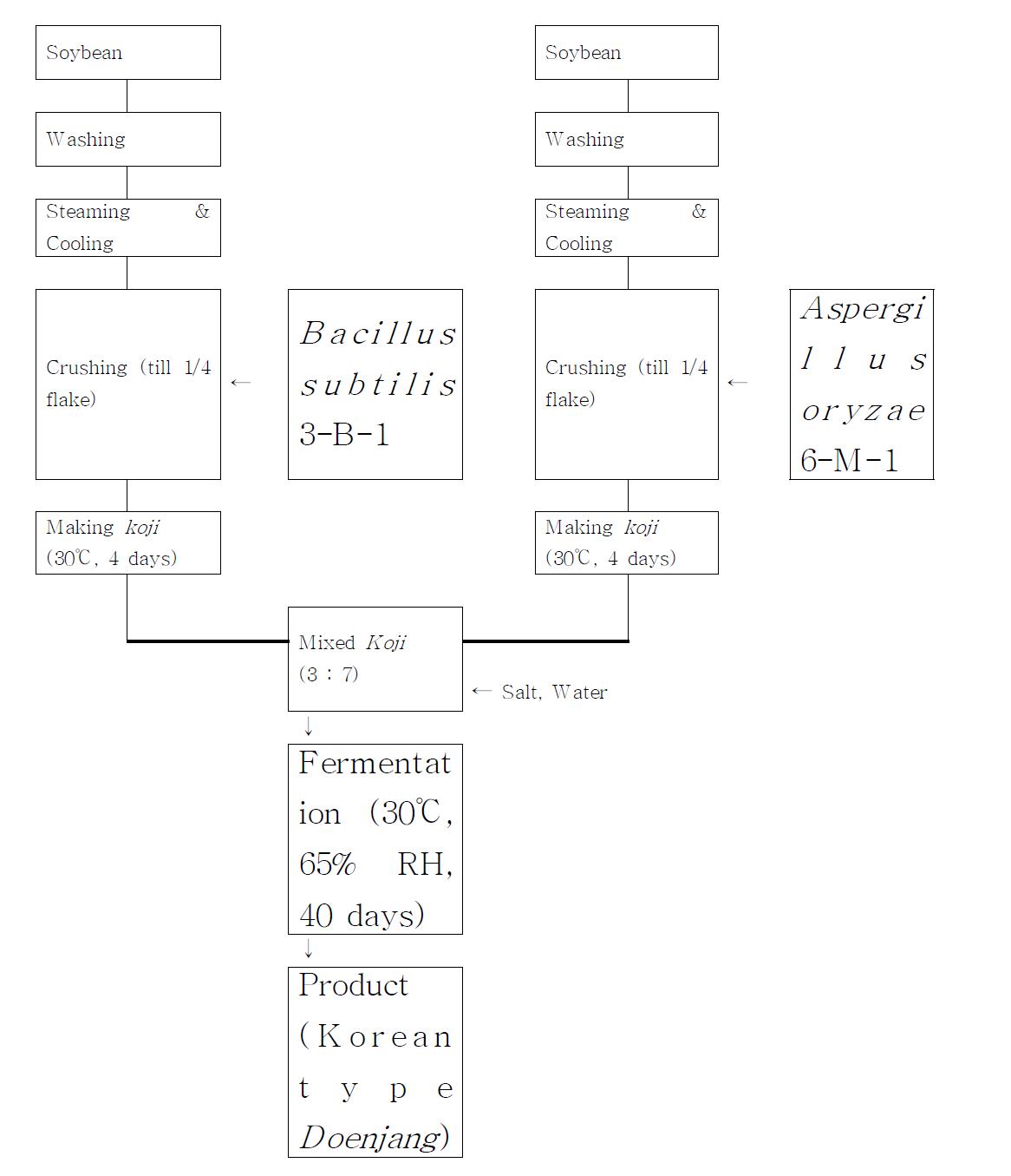 The manufacture of Korean type Doenjang using seed (Aspergillus oryxae 6-M-1 and Bacillus subtilis 3-B-1)