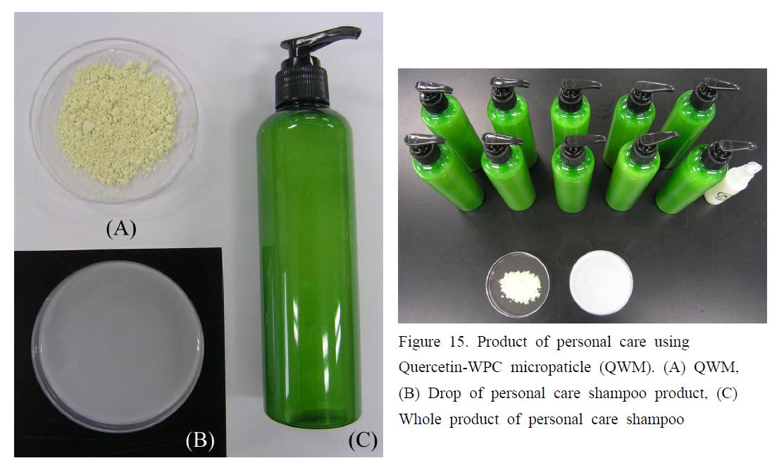 Product of personal care using Quercetin-WPC micropaticle (QWM). (A) QWM, (B) Drop of personal care shampoo product, (C) Whole product of personal care shampoo