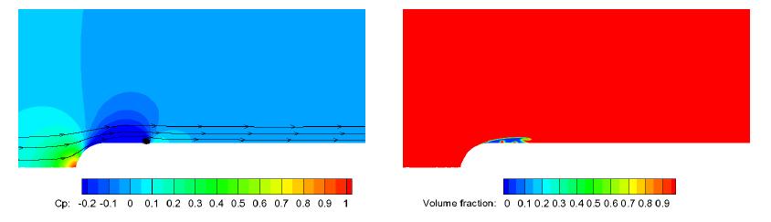 Pressure (left) and vapor fractrion (right), cavitation number=0.4