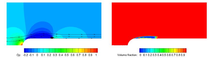 Pressure (left) and vapor fractrion (right), cavitation number=0.3