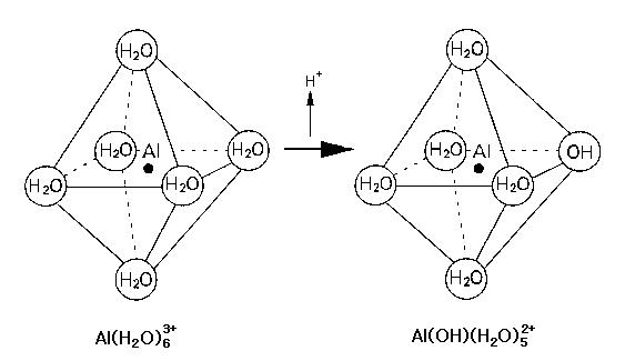 수화된 Al 이온의 일차 가수분해 단계.