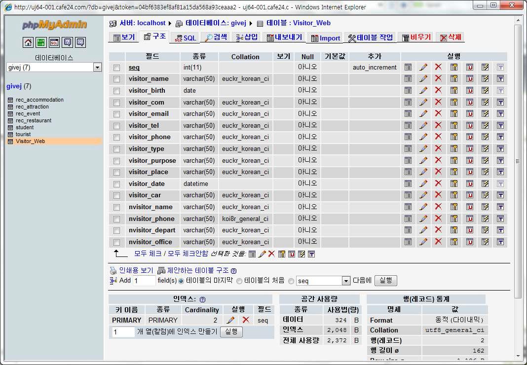 웹방문신청 프로그램 DB 테이블 Schema