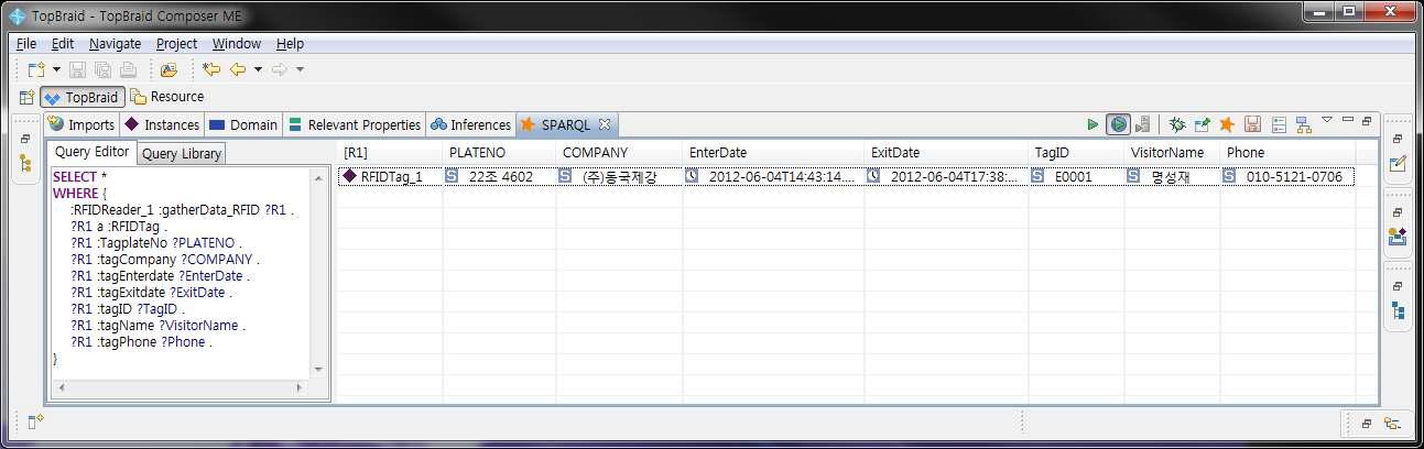 RFIDTag로부터 읽혀지는 출입자정보에 대한 TopBriad에서 SPARQL 질의 결과