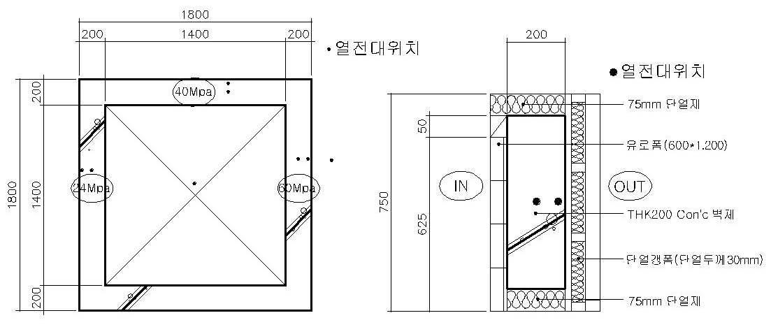 단열갱폼 타설부위(평면도) 및 단열갱폼 구성단면도