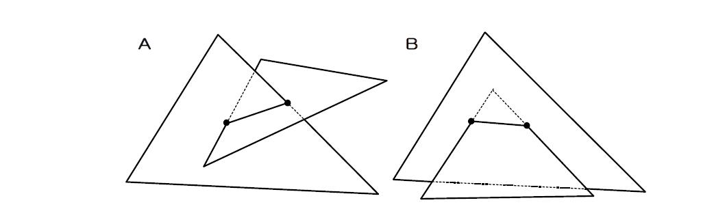 A:두 삼각형에서 각각 한 변씩 간섭이 발생,B:한 삼각형의 두 변에서만 간섭이 발생