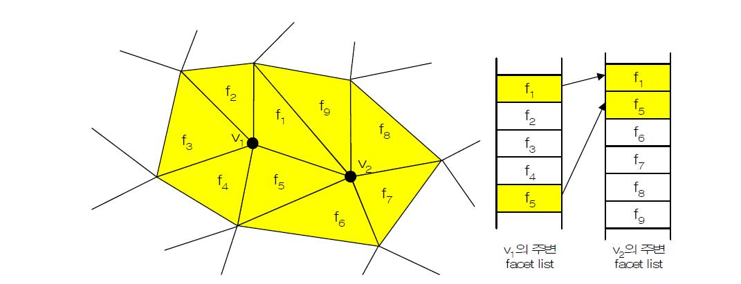 한 변(또는 vertex v1, v2공유)을 공유한 인접한 facet f1, f5