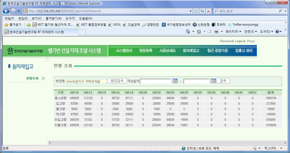 원자재 현황(입/출고/재고량/미입고량) 조회 화면