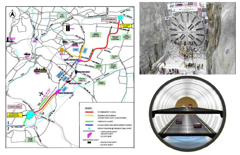 그림 2.213 SMART 위치 계획 (우수관리 및 교통관리) 및 터널 단면 형상