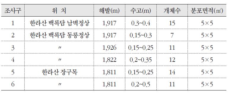 조사구에 따른 섬매발톱나무의 분포 현황