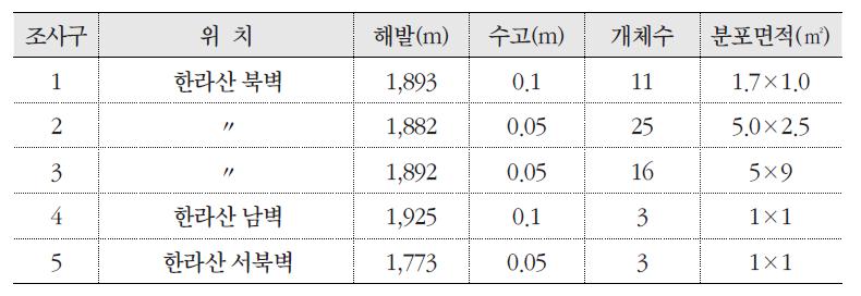 조사구에 따른 돌매화나무의 분포 현황