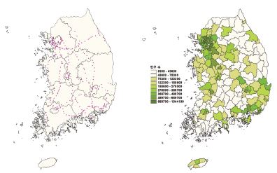 그림 10. 고속도로 IC 위치도(좌), 인구분포도(우)
