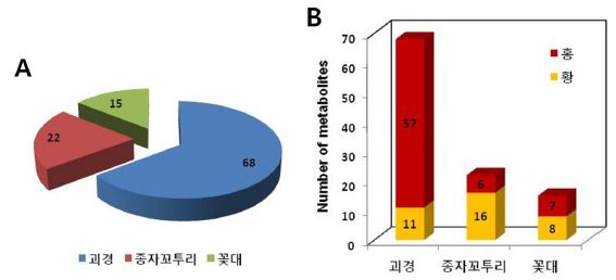 그림 14. 천마종류(홍천마 및 황천마)에 따른 조직별 대사체 함량의 변화.