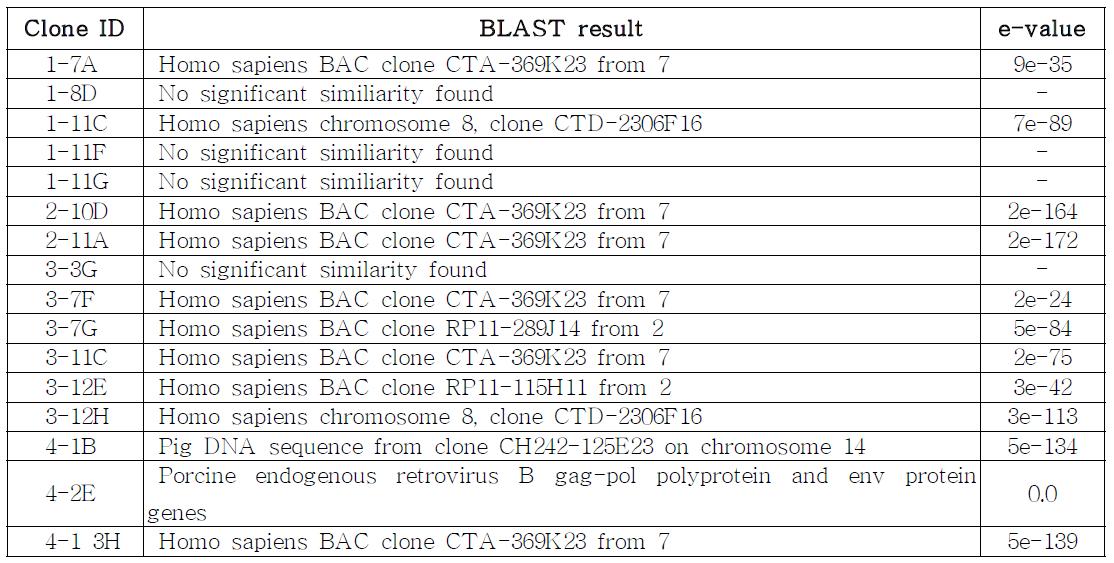 BLAST search results using positive BAC-end sequences from PERV-B clones.