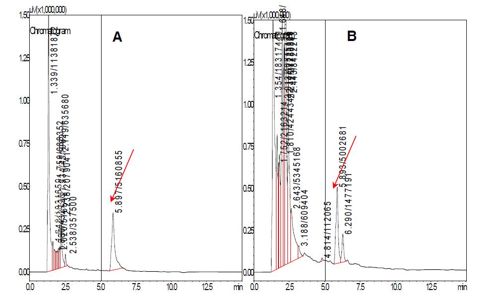 농약의 처리방법에 따른 인삼뇌두 중 difenoconazole의 잔류량 Chromatograms. A : 일반관행재배(10배 희석) ; B : 랩처리재배