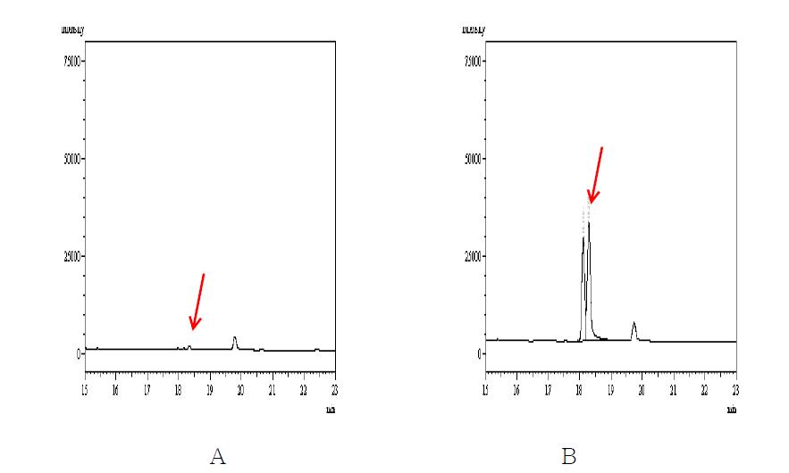 무처리 및 회수율 시험의 Chromatograms. A : 무처리 인삼시료 B : Difenoconazole 1.0 ㎎/㎏ 처리구