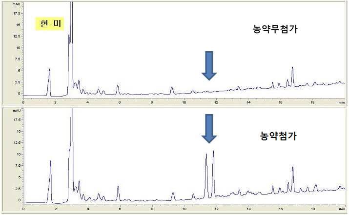 Chromatogram of hulled rice extract obtained by sample preparation and HPLC/UVD(220nm) analysis at 0.05mg/kg spiking level