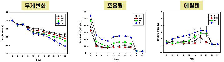 크기에 따른 아스파라거스 중량감소, 호흡량 및 에틸렌 발생량