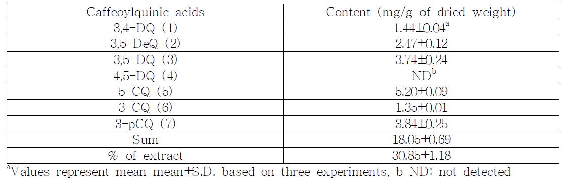 병풍취를 MeOH로 추출한 caffeoylquinic acids의 함량