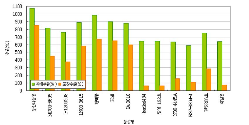 공시 품종별 재배수율 및 포장수율