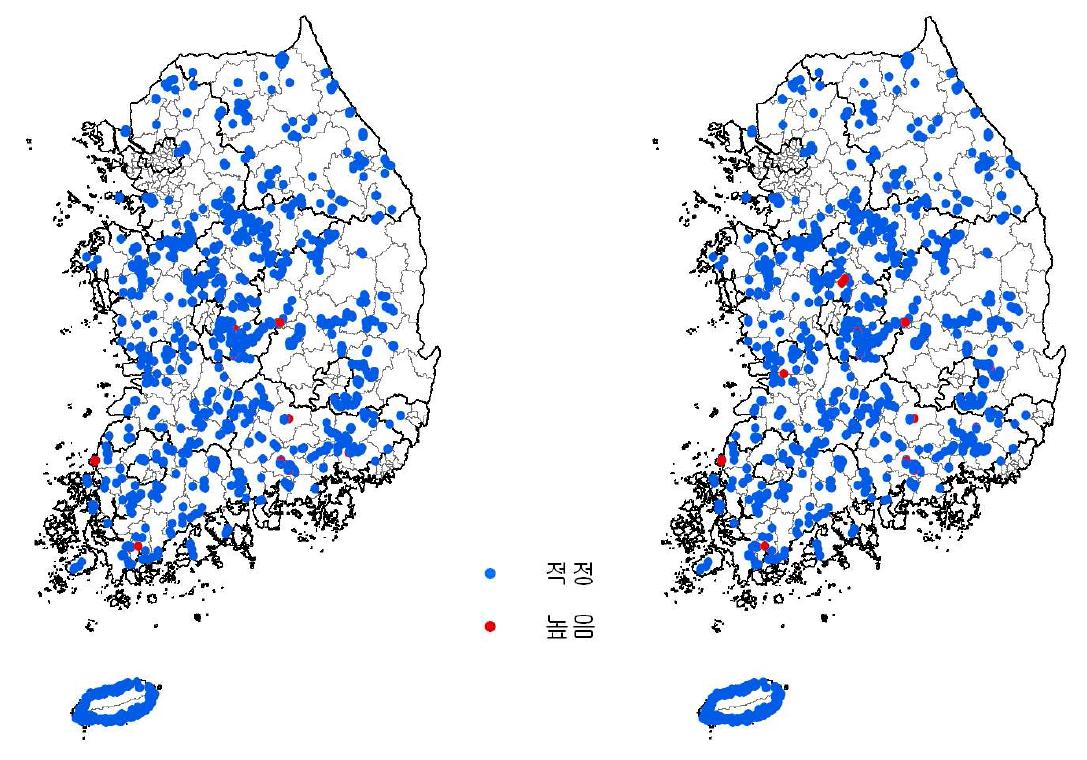 ’10년 과수원 조사지점별 표토(좌)와 심토(우)의 전기전도도 과부족율 분포도.