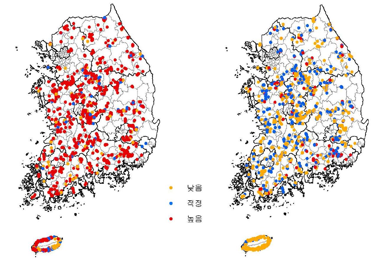 ’10년 과수원 조사지점별 표토(좌)와 심토(우)의 유효인산 과부족율 분포도.