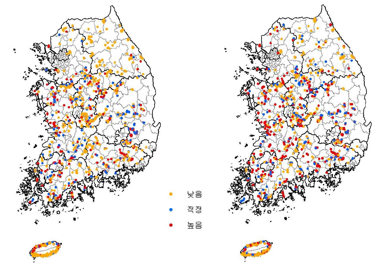 ’10년 과수원 조사지점별 표토(좌)와 심토(우)의 치환성마그네슘 과부족율 분포도.