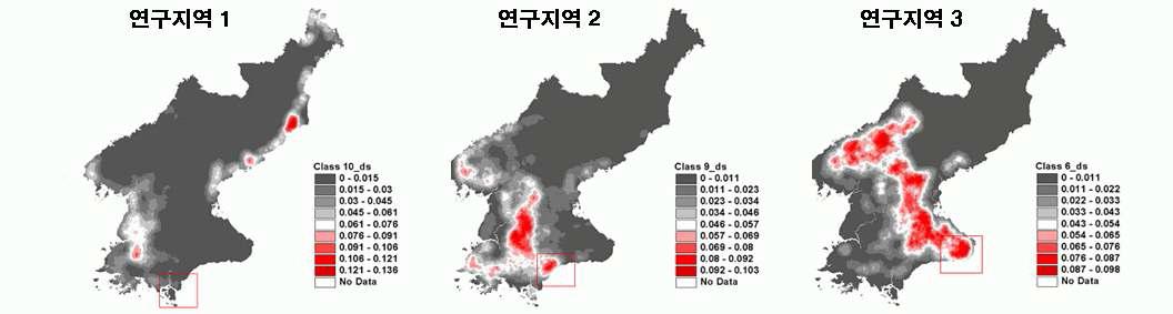북한지역의 환경분석을 통해 선정된 연구지역의 위치