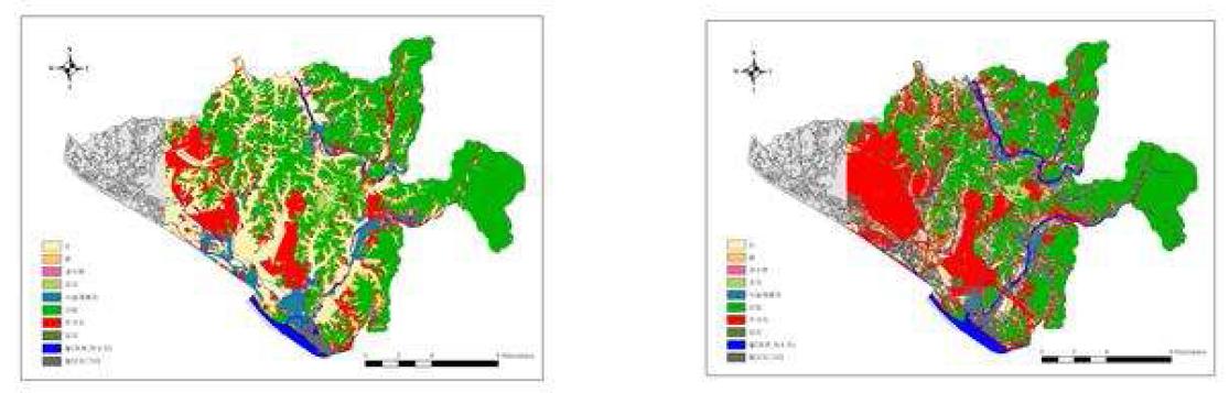 고양시 토지이용도(‘95～’99)(왼쪽)과 농경지 지도와 지적도를 이용하여 갱신한 토지이용도(‘07)(오른쪽)