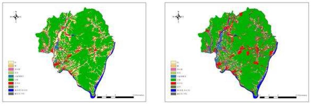남양주시 토지이용도(‘95～’99)(왼쪽)과 농경지 지도와 지적도를 이용하여 갱신한 토지이용도(‘07)(오른쪽)