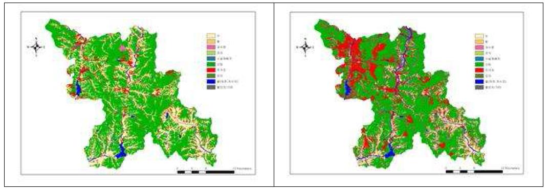 용인시 토지이용도(‘95～’99)(왼쪽)과 농경지 지도와 지적도를 이용하여 갱신한 토지이용도(‘07)(오른쪽)