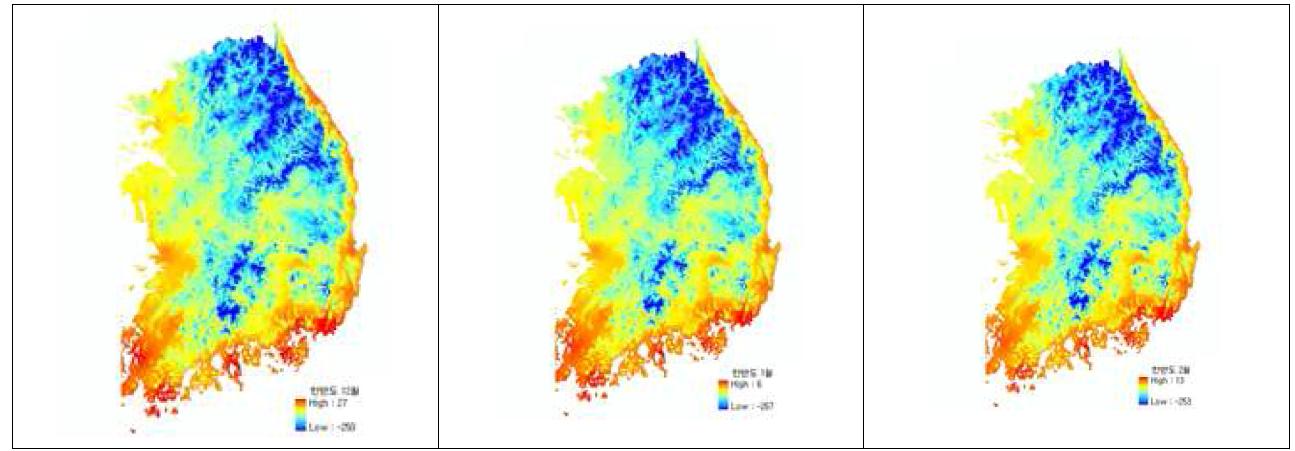 겨울철(12～2월)의 평년 일 최저기온의 분포도