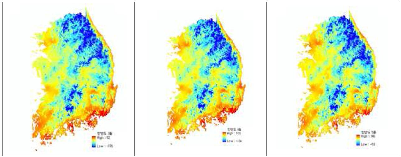 여름철(6～8월)의 평년 일 최저기온의 분포도