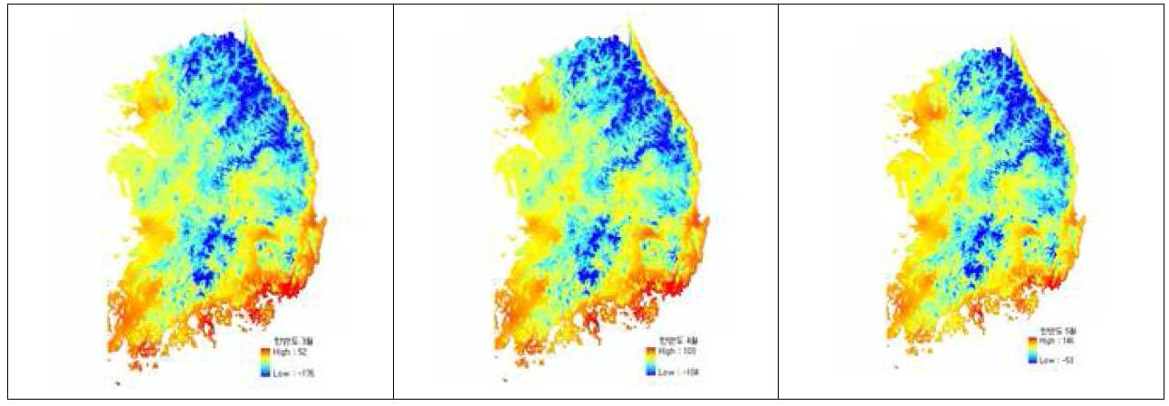 가을철(9～11월)의 평년 일 최저기온의 분포도