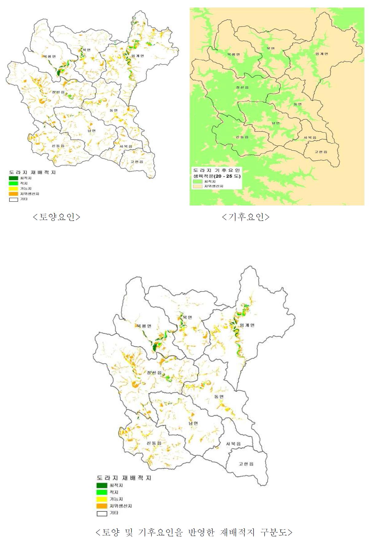 재배적지구분도 (예: 도라지, 강원 정선군, 2010)