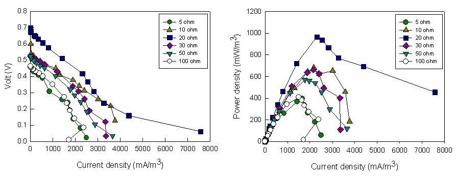 Polarization curve at different external resistances in am swine microbial fuel cell.