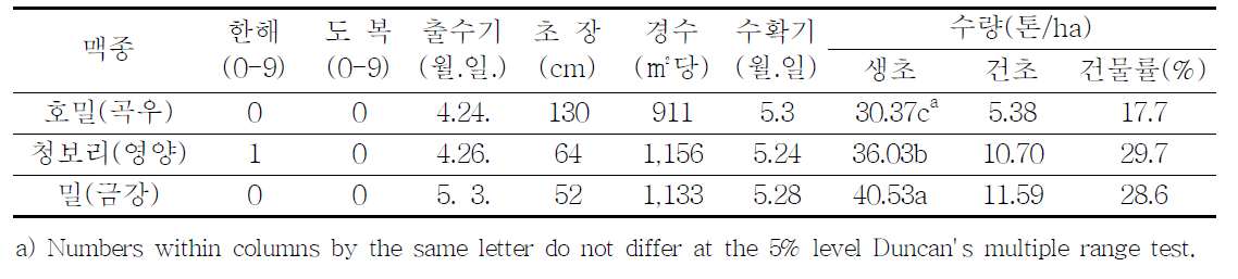 맥종별 생육 및 수량