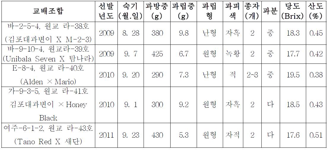 2차 우량계통의 교배조합 및 과실특성