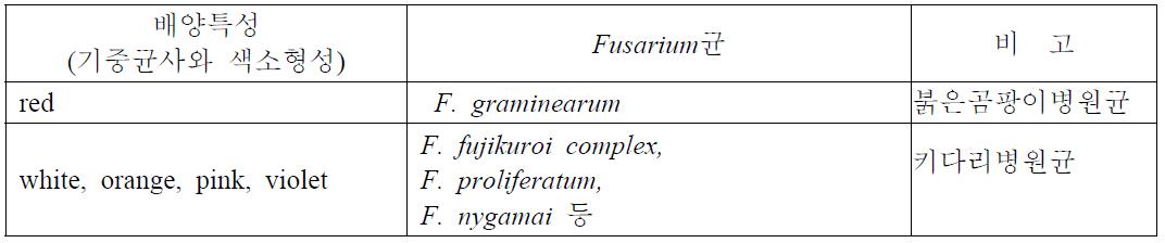 이삭마름병을 일으키는 Fusarium의 배양특성
