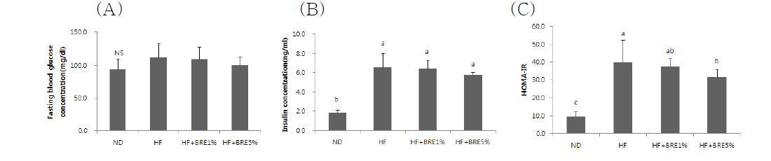 Effect of BRE supplementation on blood concentration of glucose (A), insulin (B) and HOMA-IR (C)