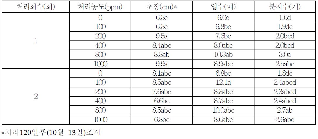 히어리 BA처리별 생육특성