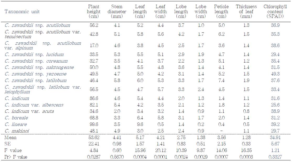 Leaf characteristics of the genus Chrysanthemum.