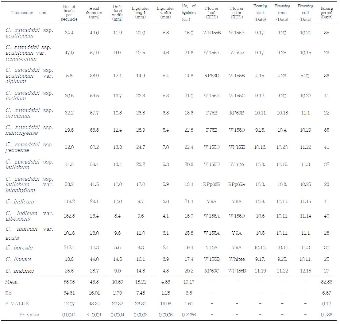 Flower morphological characteristics of the genus Chrysanthemum.