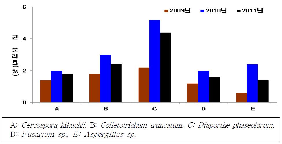 조사 년도별 콩 종자로부터 병원균 분리현황